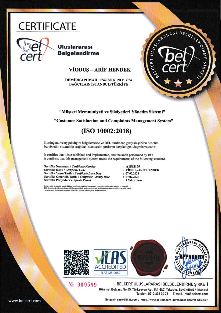 Vioduş ISO 10002 Belgesi